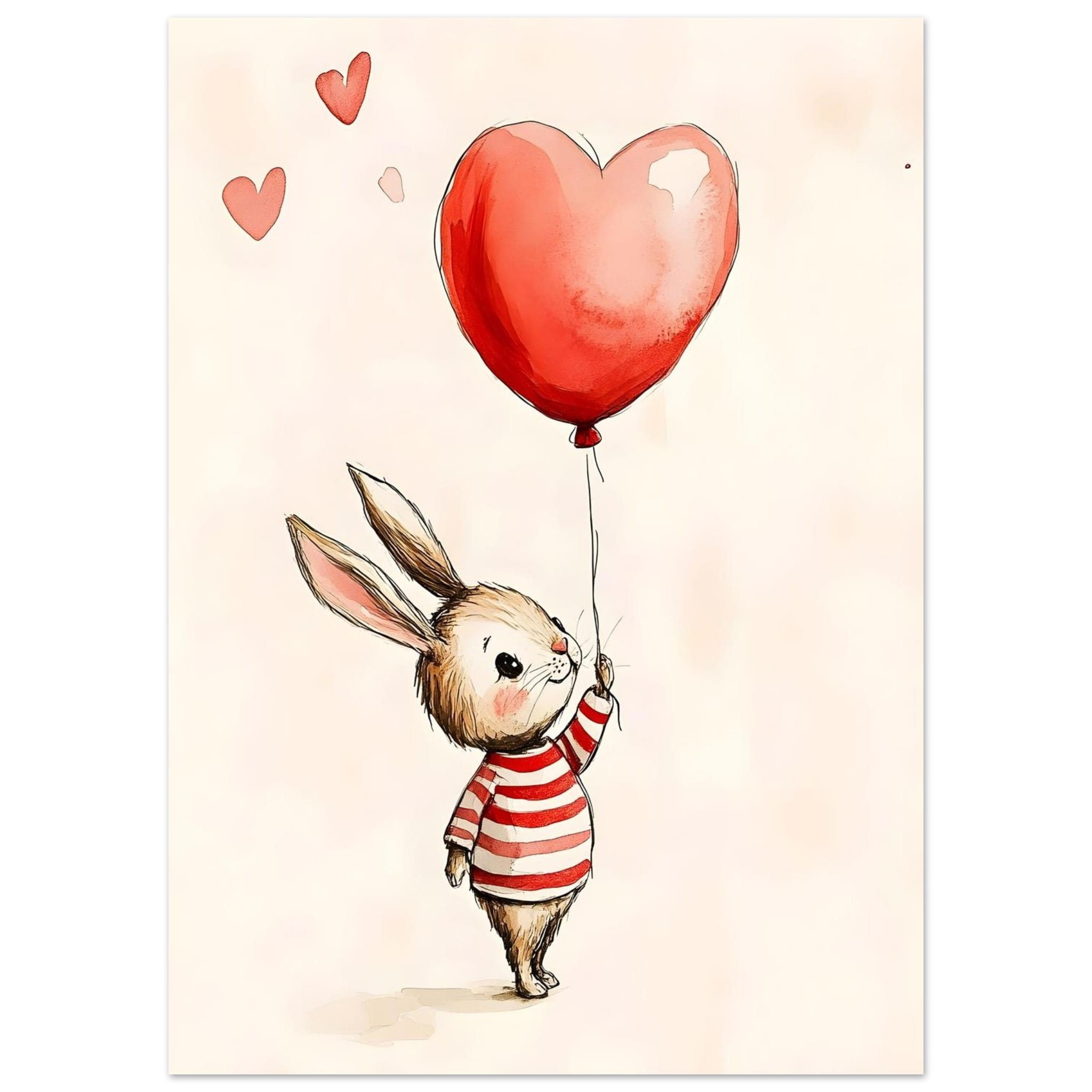 Artfulprints Poster Konijn met hartjesballon - 50x70 cm - Meerkleurig