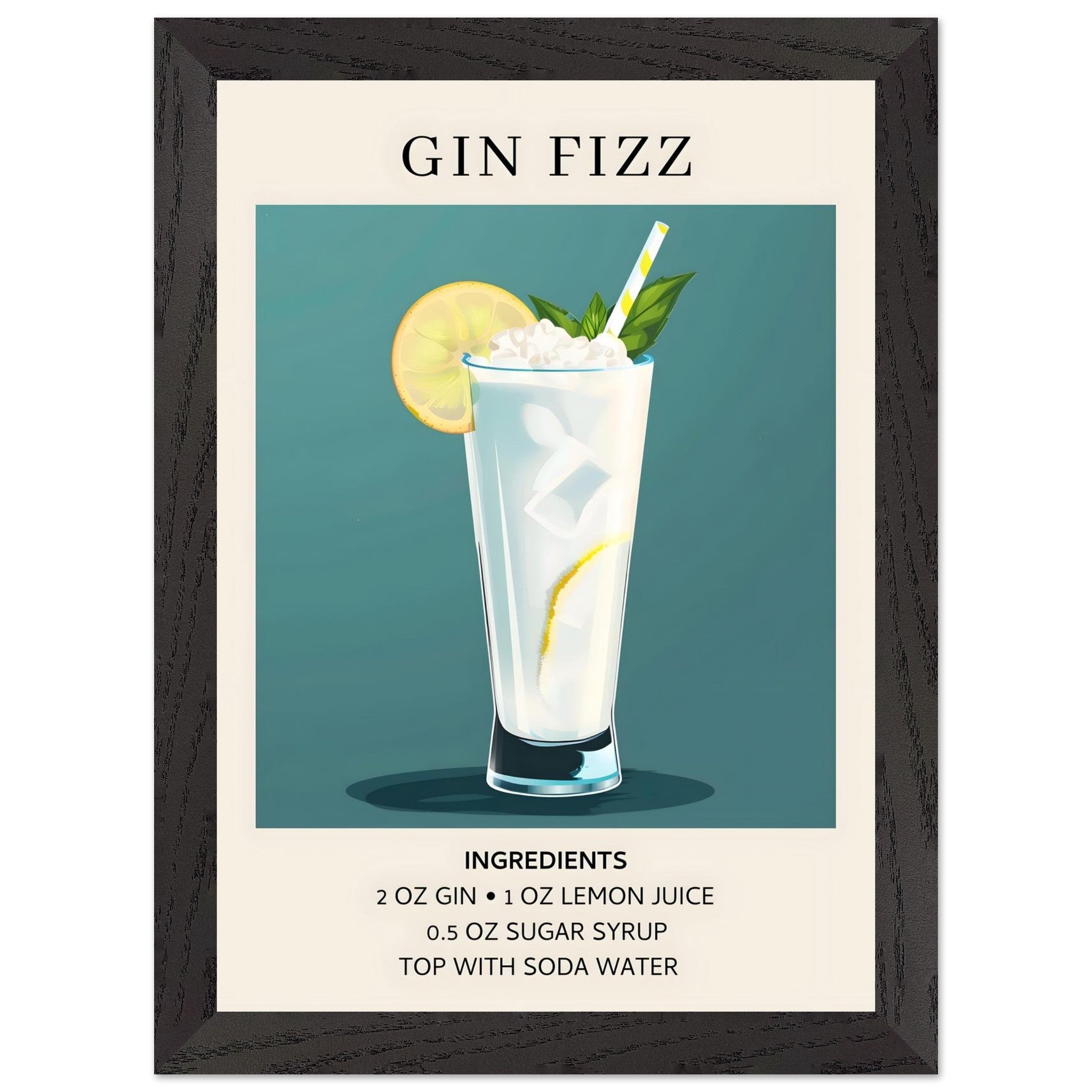 Artfulprints Poster met Lijst Gin Fizz cocktail - Ingrediënten - A4 21