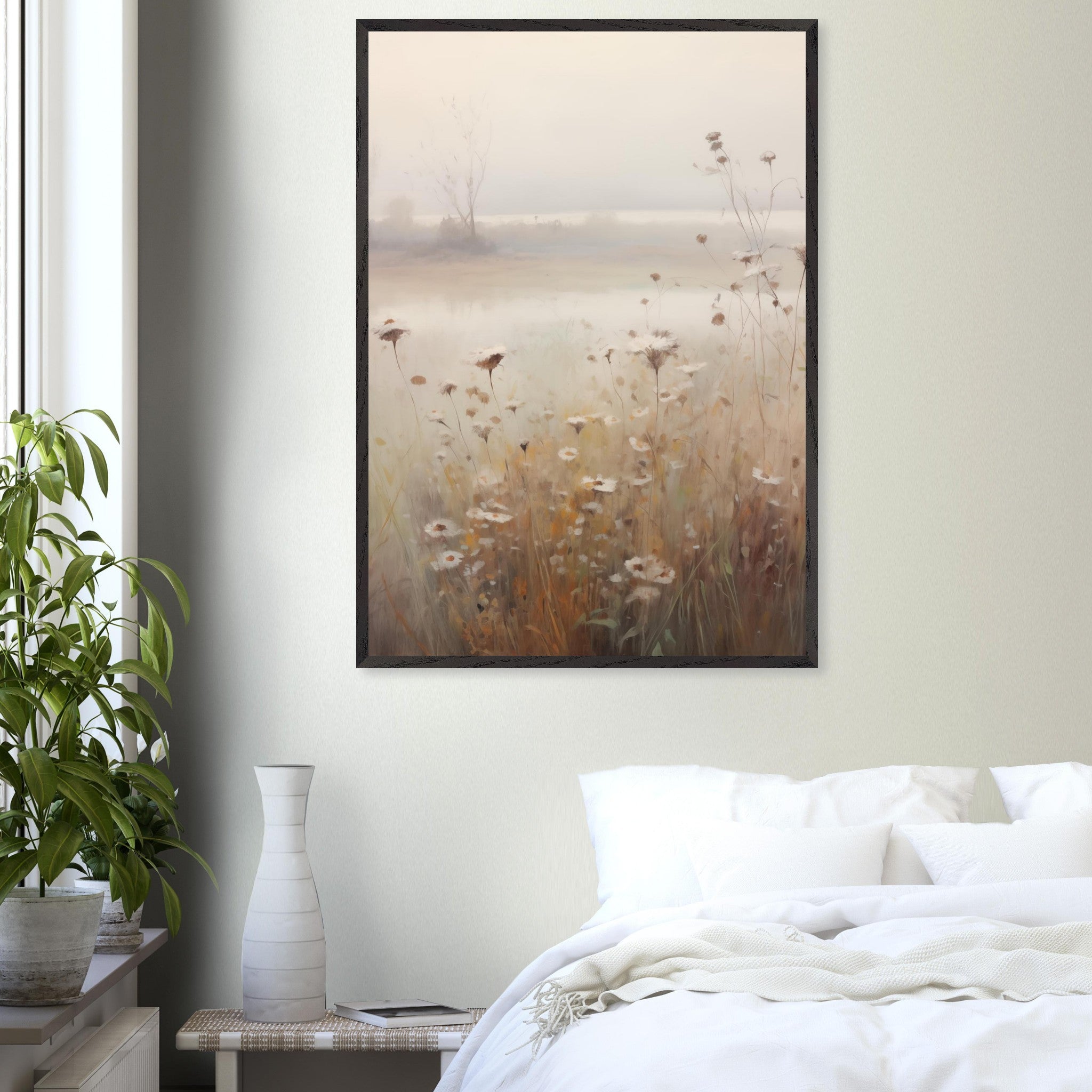 Artfulprints Poster Foggy flowerfield 1 - 70x100 cm - Taupe