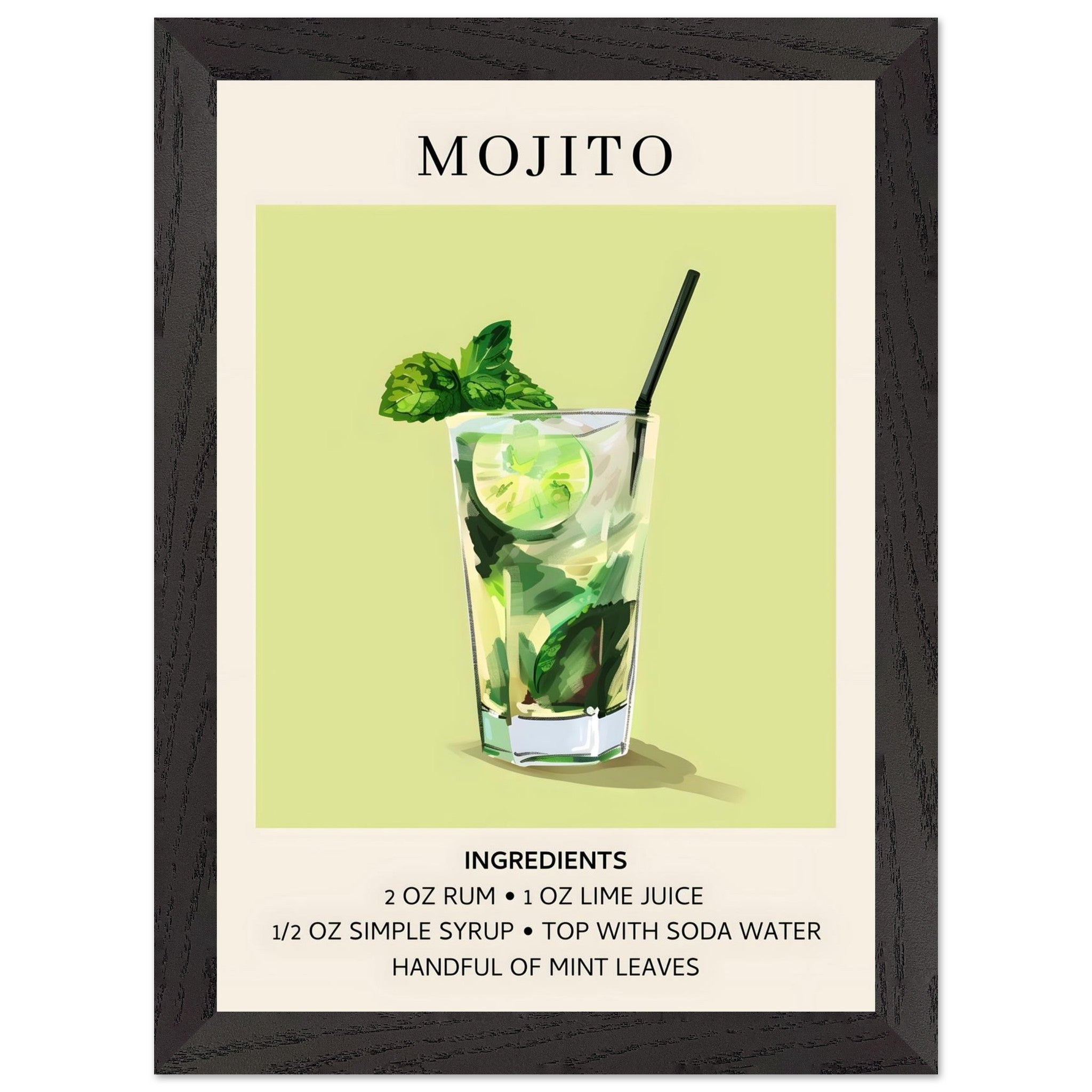 Artfulprints Poster met Lijst Mojito cocktail - Ingrediënten - A4 21x2