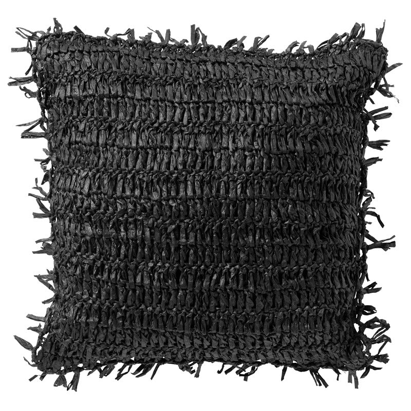 ANTONIO - sierkussen 45x45 cm - effen kleur - raffia - Raven - zwart