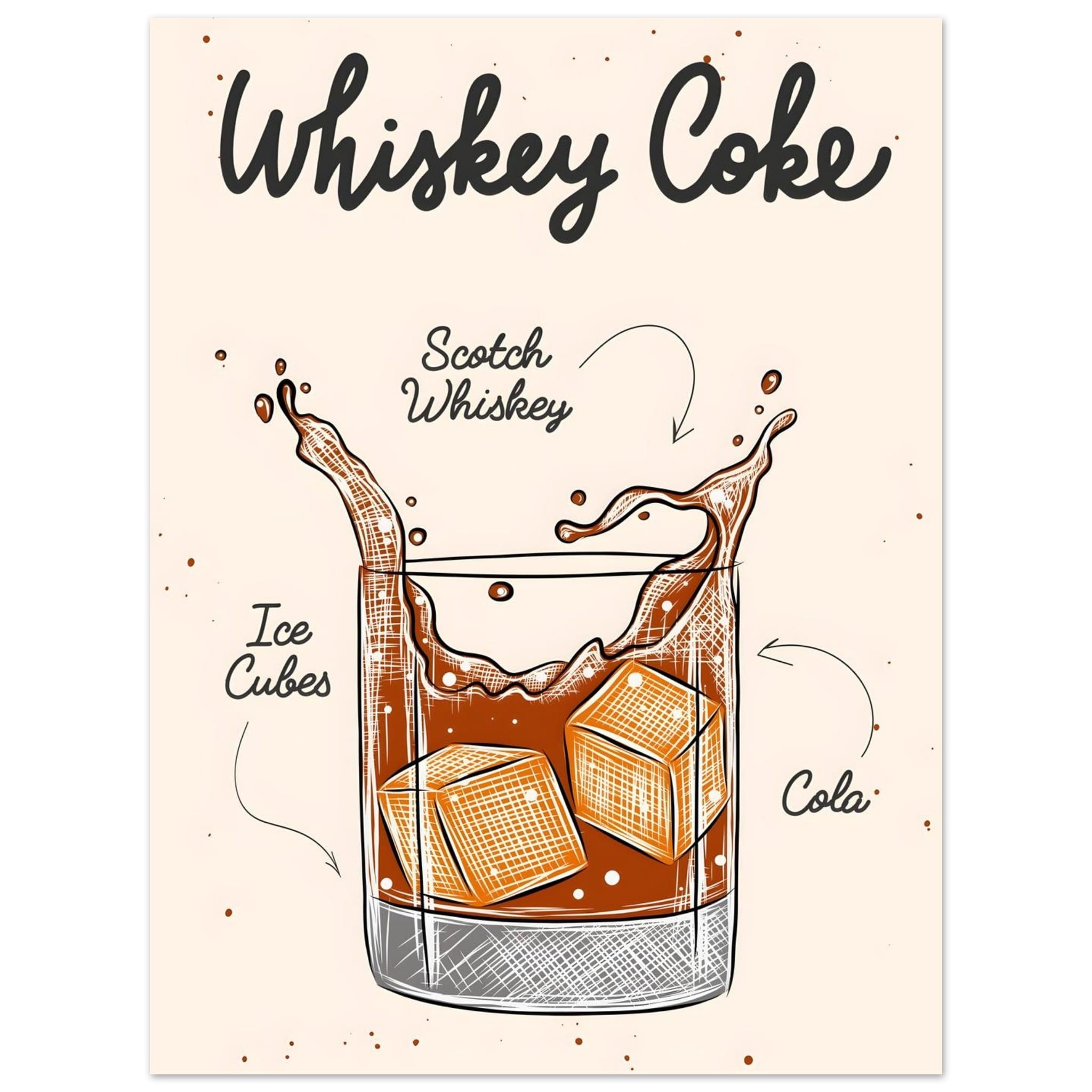 Artfulprints Whiskey Coke cocktail – Illustratie poster 30x40 cm