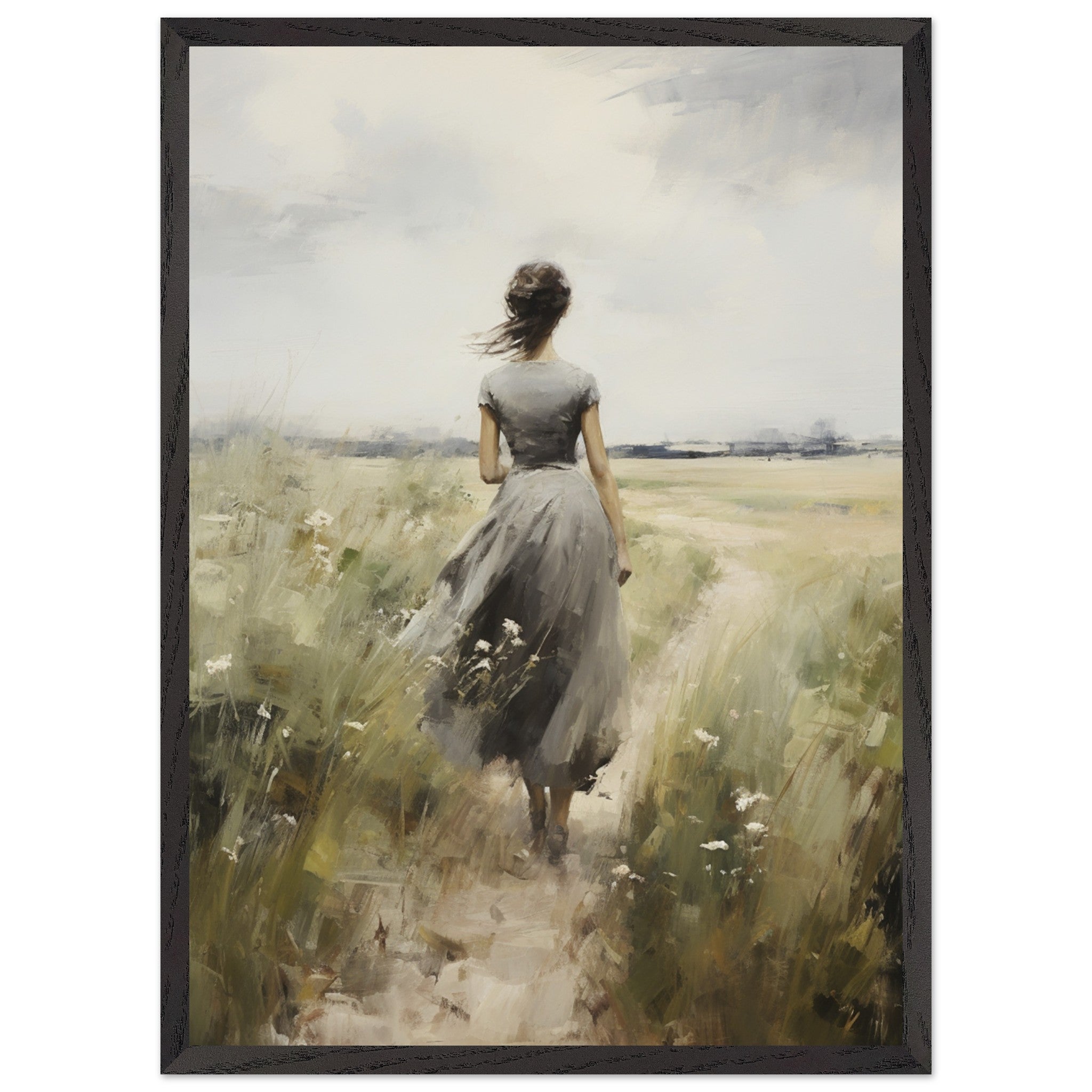 Artfulprints Poster met Lijst Woman in flowerfield - 50x70 cm - Groen