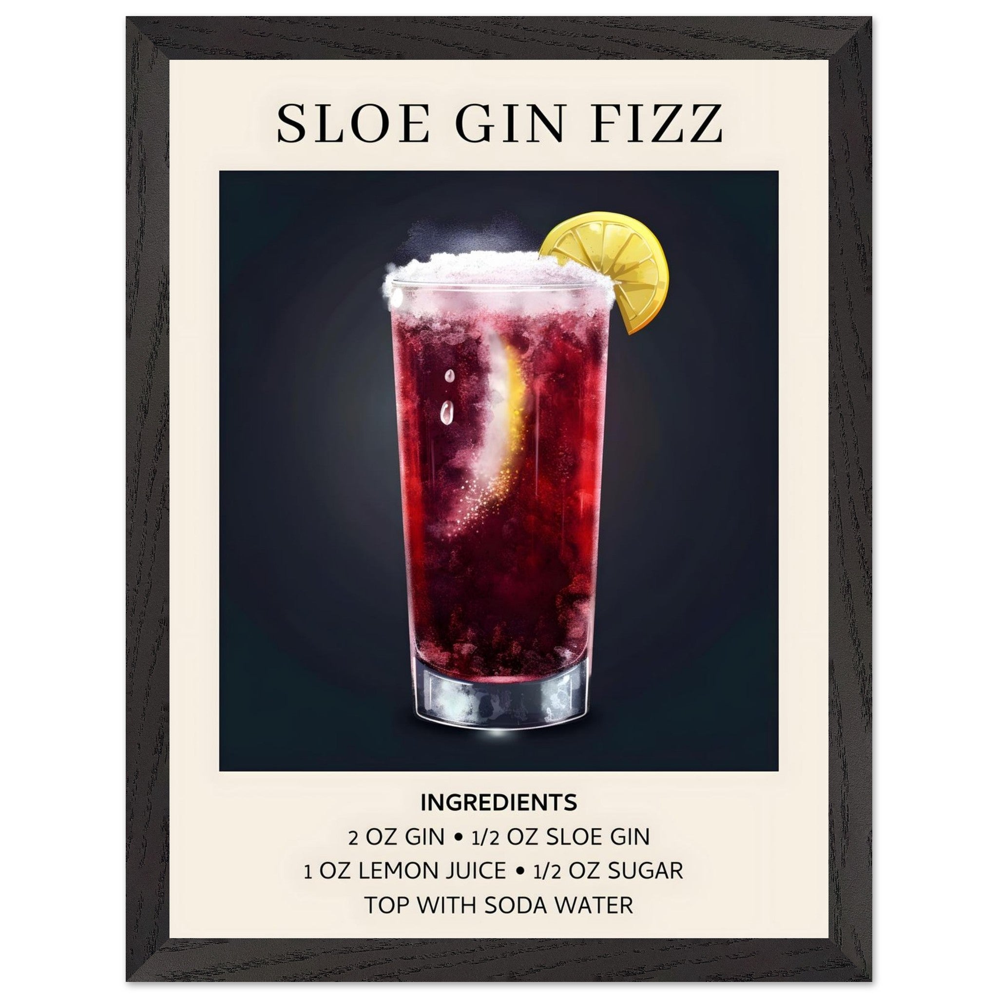 Artfulprints Poster met Lijst Sloe Gin Fizz cocktail - Ingrediënten -