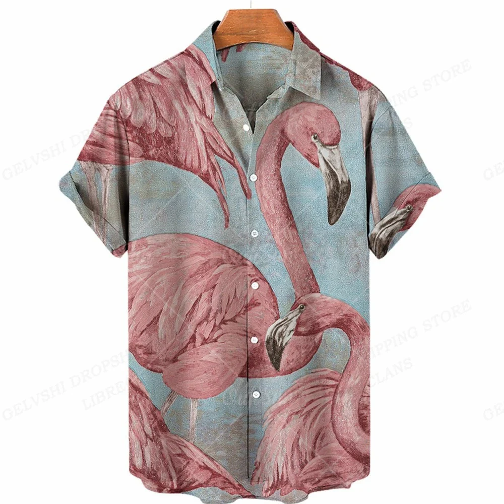 Nico – 3D flamingo bedrukt Hawai overhemd heren