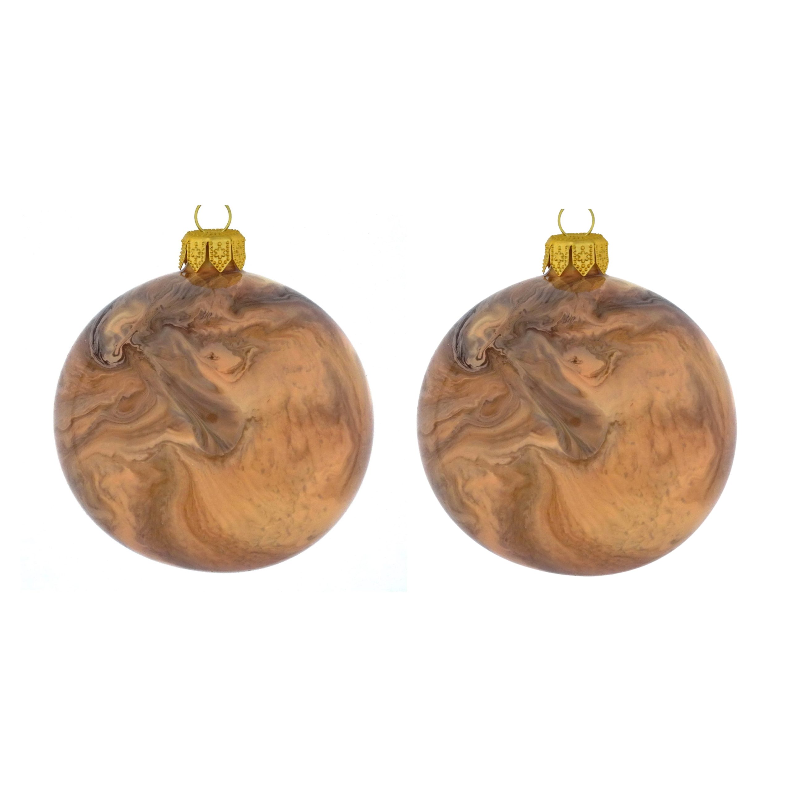 Dagmara kerstbal – bruin en crèmekleurig – glas – set van 2 – met marm