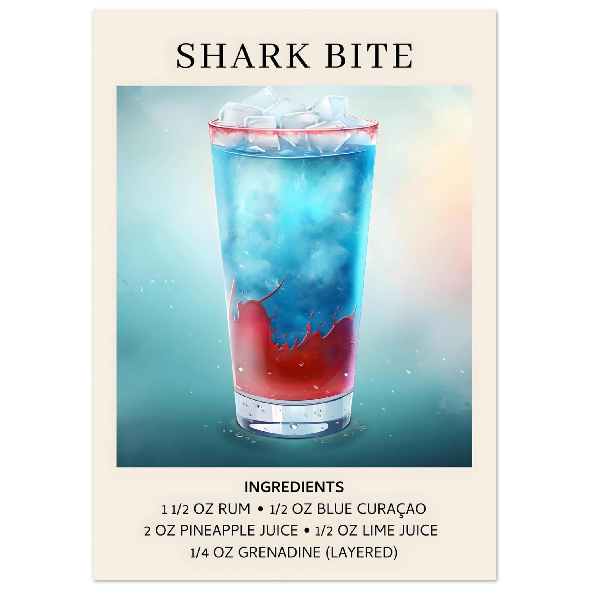 Artfulprints Shark Bite cocktail - Ingrediënten poster A4 21x29.7 cm