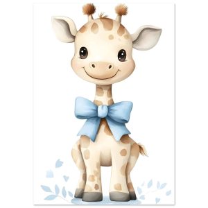 Artfulprints Poster Giraffe met blauwe strik – 70×100 cm – Geel
