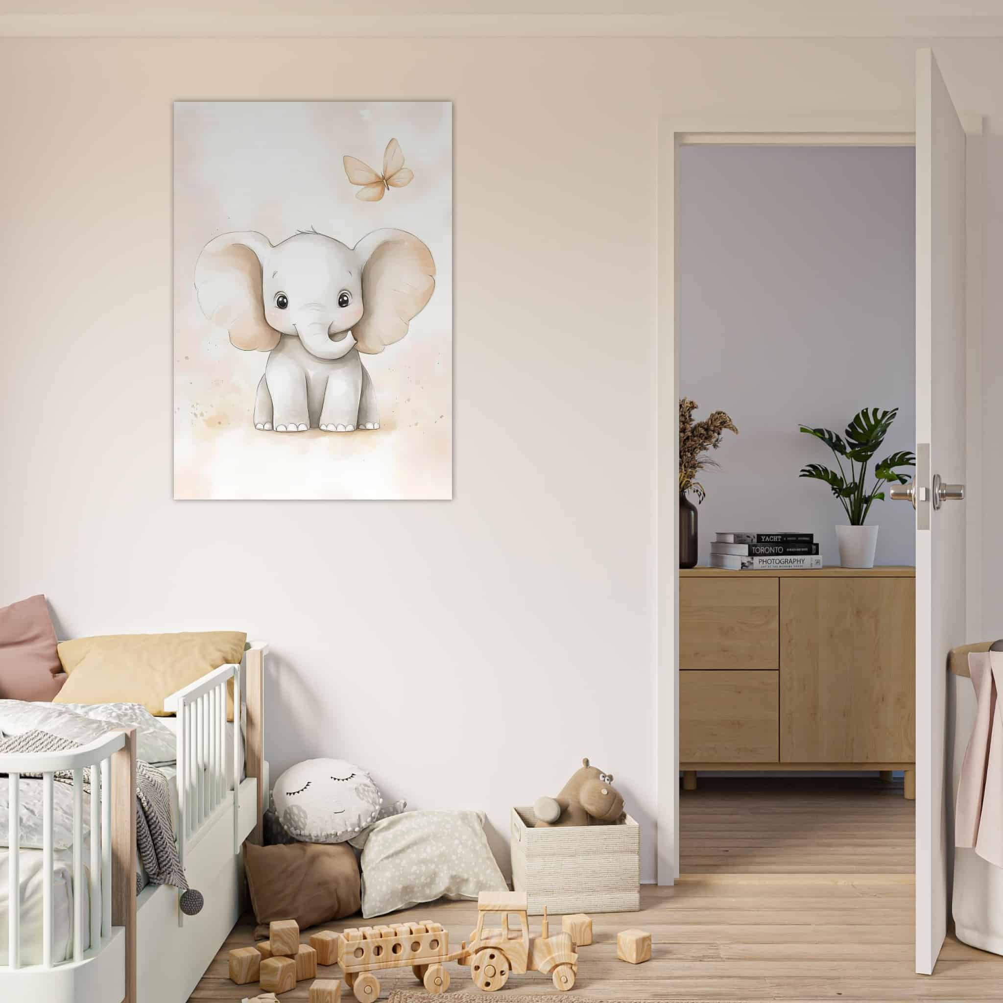 Artfulprints Poster Olifant met vlinder - 70x100 cm - Grijs
