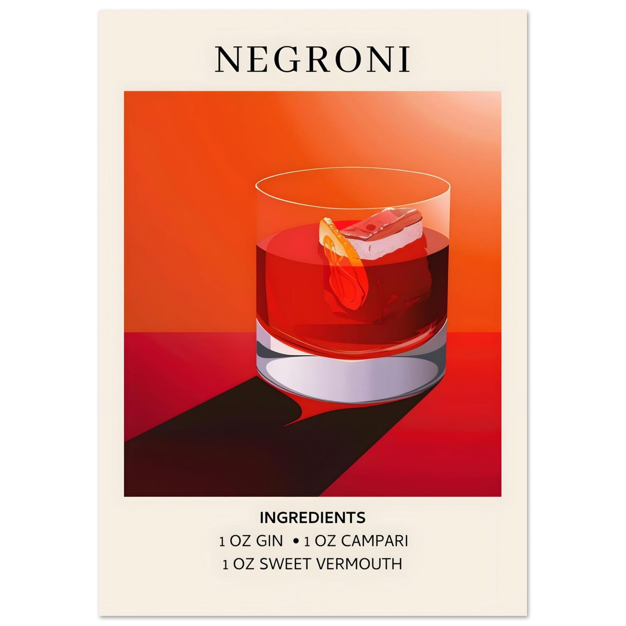 Artfulprints Poster Negroni cocktail - Ingrediënten - A4 21x29.7 cm -